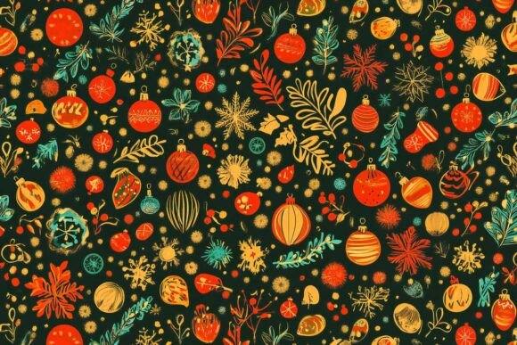 Christmas Digital Paper with Ornaments Illustrations