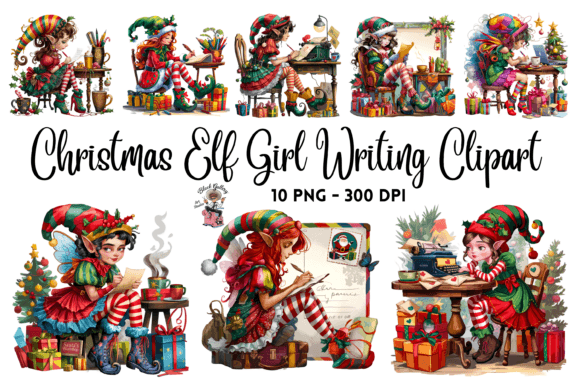 Christmas Elf Girl Writing Clipart PNG: Branding & Illustrations