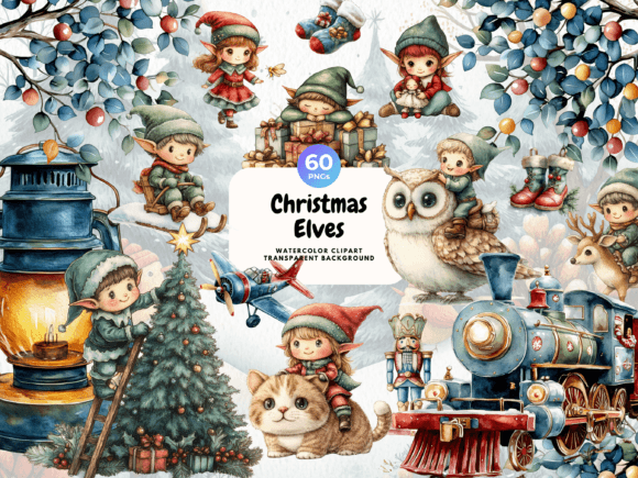 Cute Christmas Elves Watercolor Clipart & Illustrations