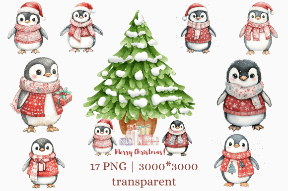 Festive Baby Penguin in Christmas Attire Illustrations