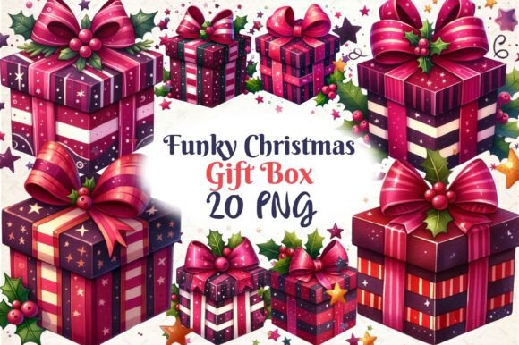 Funky Christmas Burgundy Gift Box Illustrations Review