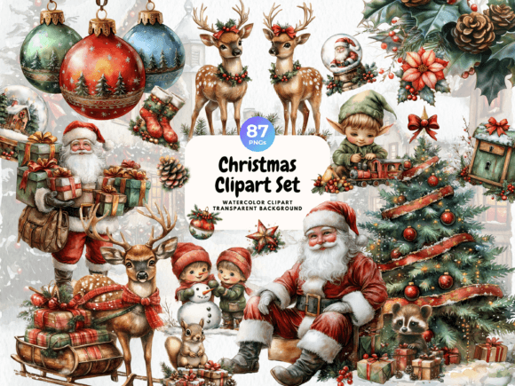 Reviewing Christmas Set Watercolor Clipart Illustrations