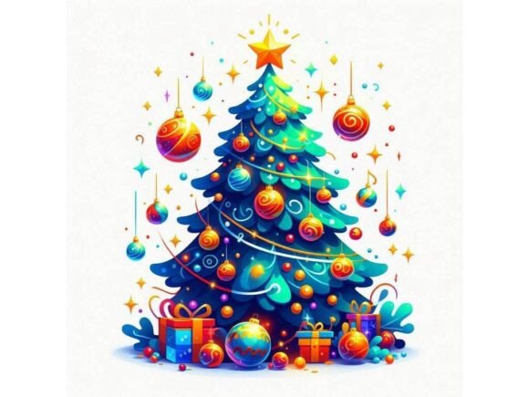 Vibrant Christmas Tree & Ornaments Illustrations