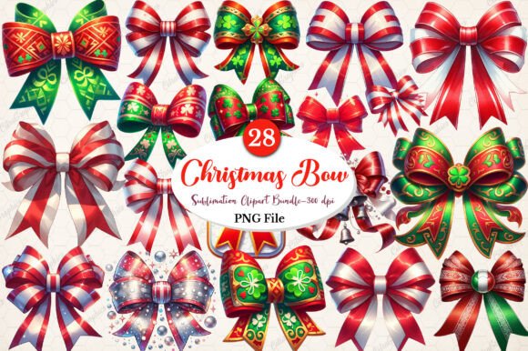 Watercolor Christmas Bow Clipart Bundle: Illustrations
