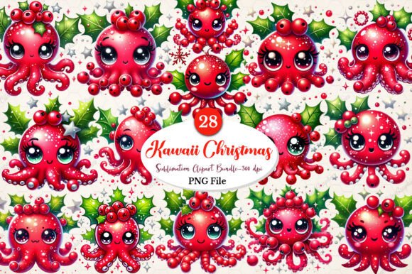 Watercolor Kawaii Christmas Clipart for Illustrations