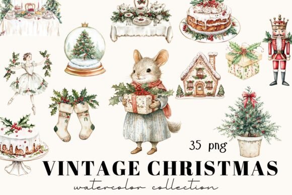 Watercolor Vintage Christmas, Nutcracker Illustrations