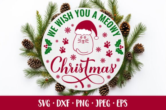 We Wish You a Meowy Christmas Round Sign Illustrations