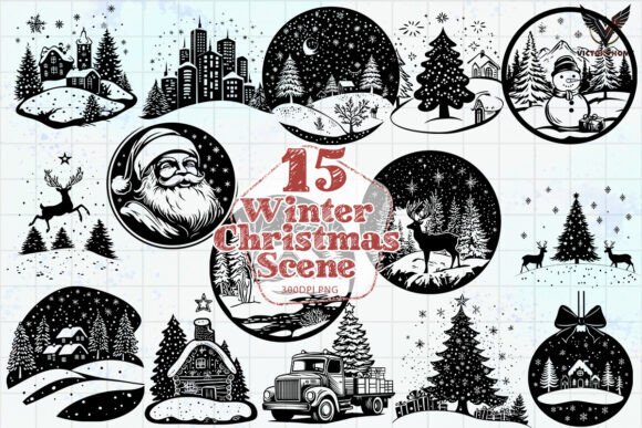 Winter Christmas Scene Clipart PNG & Illustrations