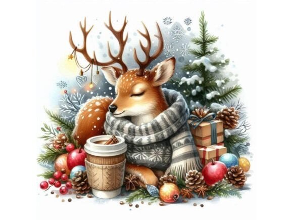 Winter Deer in Cozy Christmas Ambiance Illustrations